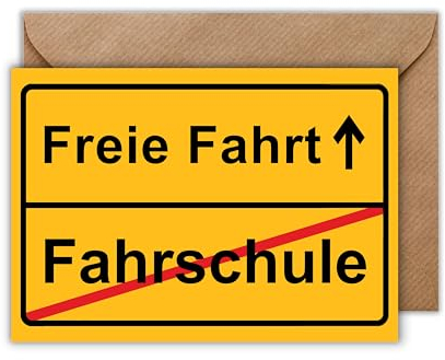 WBdesignz Führerschein Karte mit Umschlag - Fahrprüfung Gratulationskarte Fahrschule “Ortsausgangsschild Fahrschule - Freie Fahrt” Gratulation zur bestandenen Fahrschulprüfung (DIN A6)