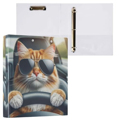 Ordner, Motiv: niedliche Katze, fahrendes Auto, 3,8 cm, 3 D-Ringe, dekorativer Ordner