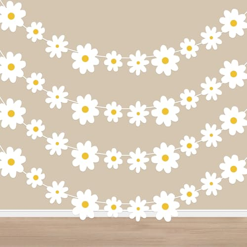 Landrain 4 Packs Gänseblümchen Deko Boho Banner, Weiß Blumen Papier Hängebanner Girlande Party Geburtstag Hippie Dekorationen