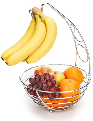 EXZACT Fruit Basket with Banana Hook. 41cm Tall, Wired Fruit Rack,Banana Stand Hanger- Silvery Chrome