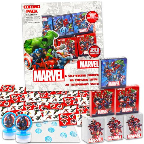 Marvel Avengers Partygeschenke für 20 Gäste: 20 Stück Avengers-Geschenkboxen mit Aufklebern, Tattoos und Stempeln für Kindergeburtstag, Superhelden-Partyzubehör und Dekorationen