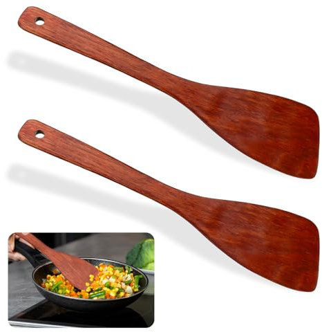 JIYIN 2 Pcs Wooden Spatula for Cooking, 12.8 Inches Flat Wooden Spatula Non Stick Wooden Cooking Utensils Long Handled Frying Kitchen Spatula Turners for Pan and Wok