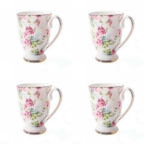 4 Piece Porcelain Mugs Set - 11 oz/312 ml New Bone China Floral Coffee Tea Water Cup - Tea Coffee Cappuccino Home Kitchen Office Gift Mug Set