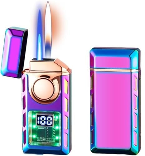 Accendino multifunzionale a doppia fiamma con luci colorate, accendino a torcia con controllo vocale e fiamma regolabile, accendino a doppia fiamma antivento (Viola)