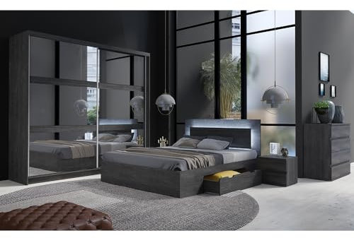 Lomadox Schlafzimmer Set 5-teilig mit Bettgestell 180x200cm, Schwebetürenschrank, Kommode, 2 Nachttische in braun Portland Esche schwarz Nb.