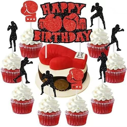 Houhounb 3 Sets Boxes Cake Topper Boxing Cake Decoration Boxing Cake Topper Boxer Gloves Cupcake for Sports Themed Kids Birthday Party Decoration
