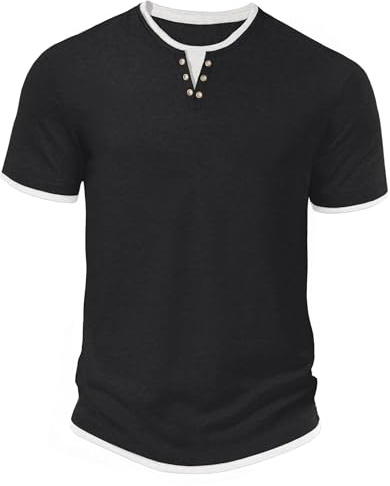 Hisir Sommartröja för män, kortärmad, rund hals, vardaglig stil, klassisk, färgblock, svart, M