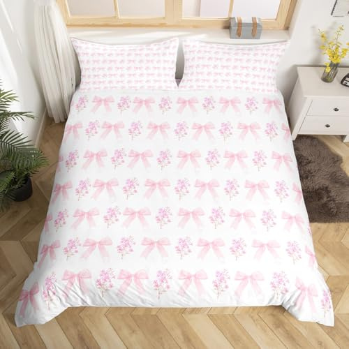 Manfei Pink Bow Duvet Cover Set Single Size, Lilac Flower Bedding Set 2pcs, Cute Flower Bowknot Comforter Cover, Kids Girls Princess Room Decor, Soft Polyester Quilt Cover, 1 Pillowcase, No Comforter