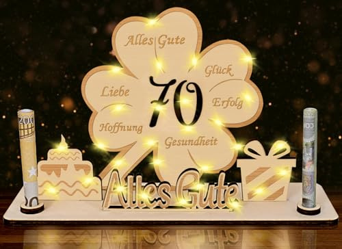 Sunwuun 70 Jahre Geldgeschenk für Frau Mann, LED Kleeblatt Glück 70. Geburtstag Geschenk, Holz Gästebuch Personalisierbares Tischdeko