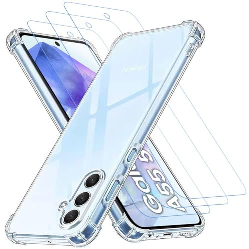 gueche Coque 4 en 1 pour Samsung Galaxy A55 avec 3 films de protection d'écran, coque transparente antichoc avec protecteur d'objectif d'appareil photo intégré, coque en silicone TPU souple