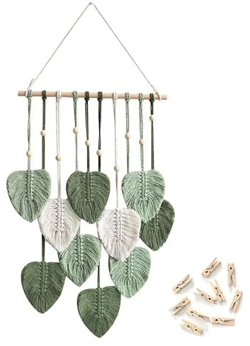 SZETOSY Makramee-Wandteppich, grüne Blätter, mit Holzclips, Wandaufhängung, handgefertigt, Fotoclips, Boho, dekorativ, Anzeige von Bildern mit Holzperlen