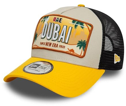 New Era Dubai Truckercap Kappe verstellbar gebogener Schirm Mesh A-Frame beige gelb - One-Size