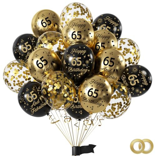 Yiran Luftballons zum 65. Geburtstag, Schwarzgold, 15 Stück – Herren & Damen Happy Birthday Party Dekorationen – Latex-Konfetti-Ballons, 30,5 cm & Band
