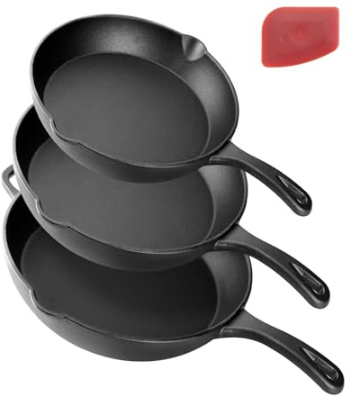 CUISGUSTO Cast Iron Skillet Set – Pre-Seasoned Frying Pans ， even heat distribution - Stick-Safe foruse in the oven, stove, grill or campfire - Uncoated (3, 6+8+10 inch)