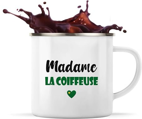 Tasse Métal Madame la coiffeuse | Mug | Idée Tasse Personnalisable en Métal Cadeau Anniversaire Camping Fête Original Famille Travail Départ Collègue Retraite Noël. (Vert)