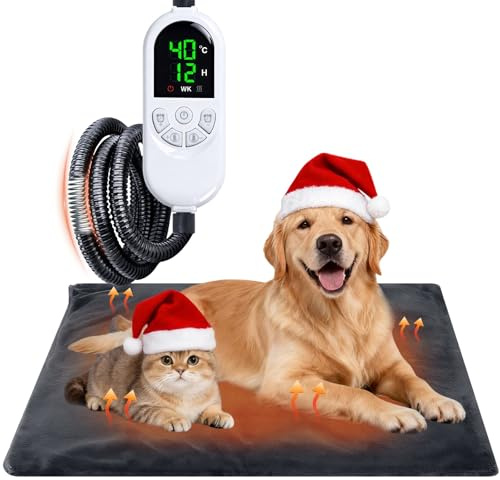 Qoosea Haustier Heizkissen für Katzen Hunde, Einstellbar Haustier Heizmatte mit 30-60°C Temperatur & 12 Timing, wasserdichte Wärmematte Hund Elektrisch Heizdecke mit Waschbaren Bezügen-45 * 70CM