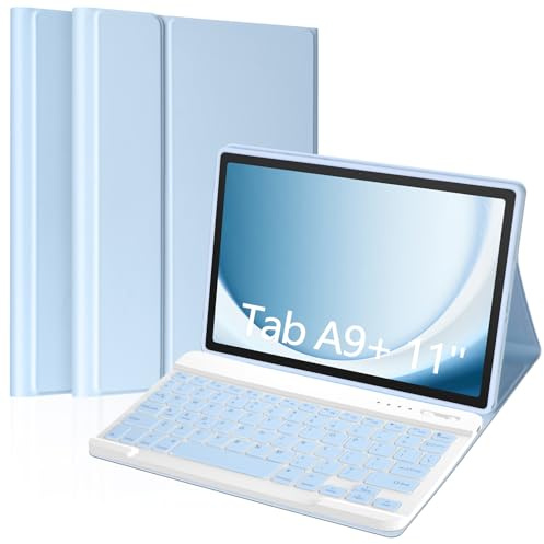 MORECOO Funda para Samsung Galaxy Tab A9 Plus con teclado de 11 pulgadas 2023 (SM-X210/X216/X218), funda para tablet A9 Plus con teclado inalámbrico desmontable, color azul