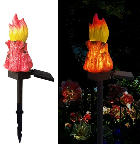 YZYOE Solar Powered Red Bonfires Lights, Garten dekoratives Harz niedliche Rote Fackel Bodenlampe, drahtlose Dämmerung bis zum Morgengrauen LED-Lichter wasserdicht.