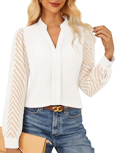 GRACE KARIN Camicetta elegante da donna testurizzata con maniche semi-velate, camicia da lavoro classica Henry con scollo a V