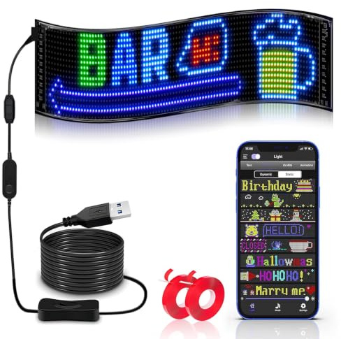 ZYNTEK Pantalla LED flexible de alto brillo, fuente de alimentacion USB de 5 V, control deaplicacion Bluetooth, texto personalizable, patrones yanimaciones, adecuado para(12 x 47cm)