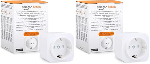 Amazon Basics Enchufe inteligente, compatible con Matter, Amazon Alexa, Google Home y Apple HomeKit, se requiere un concentrador Matter, 2,4GHz, solo Wi-Fi, blanco, Paquete de 2