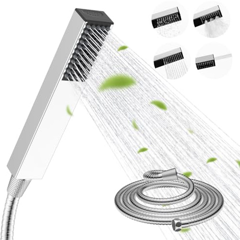 Hibbent 4-Setting Stainless Handheld Shower Head with 1.5m Hose, Chrome | Stainless Steel Hose, 4 Spray Modes(Water Saving/Power Mist/Rain Spray/Power Wash), Easy Installation, G 1/2