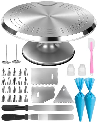 Tortenplatte Drehbar 30cm aus Alu Tortendrehteller mit 360° Rotation Tortenzubehör Set mit Spritztüllen Kuchendeko Set Cake Tools Tortendrehscheibe Kuchen Drehteller Drehbare Tortenplatte zum Deko