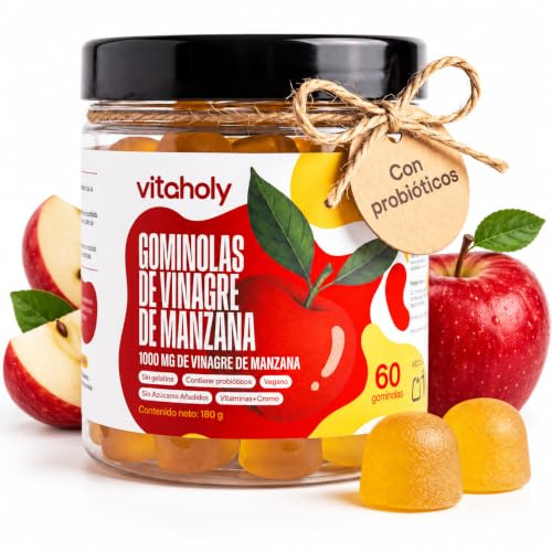 VITAHOLY Gominolas de Vinagre de Manzana 1000mg - Gummies Sin Azúcar | La fórmula más completa: LactoSpore®, B6, B12, ácido fólico y cromo · 60 gominolas veganas sin azúcar