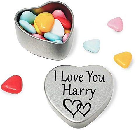 I Love You Harry Mini heart shaped silver gift tin filled with mini chocolates. Great as a birthday present or a gift to show someone special how much you love them