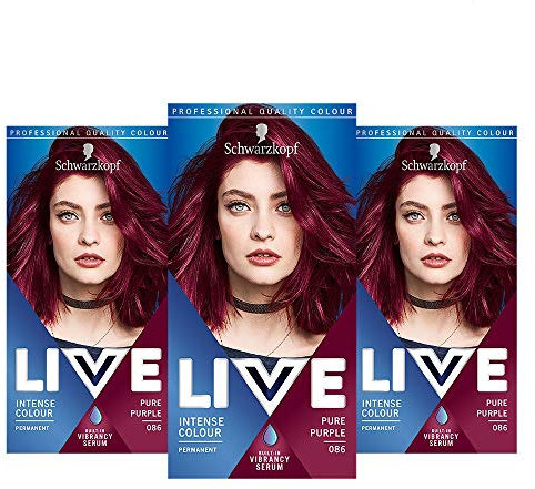 Schwarzkopf Live Intense Colour Purple Hair Dye, 3-Pack Permanent Colour with Vibrancy Serum, 086 Pure Purple