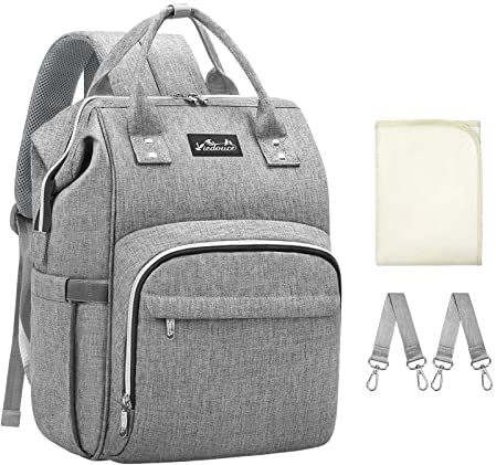 Viedouce Baby Wickelrucksack Wickeltasche Babytasche,Wasserdicht Oxford Große Kapazität für ausgehen,Multifunktional zum Rucksack mit 1 Stück Wickelauflage und 2 Kinderwagengurten (Grau)