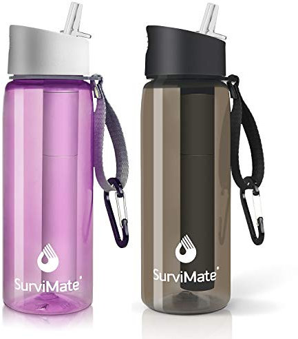 SurviMate Bouteille d'eau purifiée pour le camping, la randonnée, les voyages, sans BPA avec paille filtrante intégrée à 5 étapes