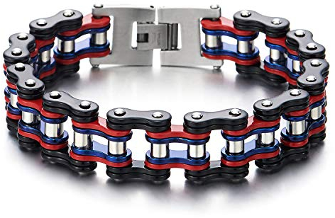 COOLSTEELANDBEYOND Grandes y Pesados, Pulsera de Hombre, Bike Chain Cadena Bicicleta Brazalete de Acero Inoxidable, Plata Azul Rojo Negro