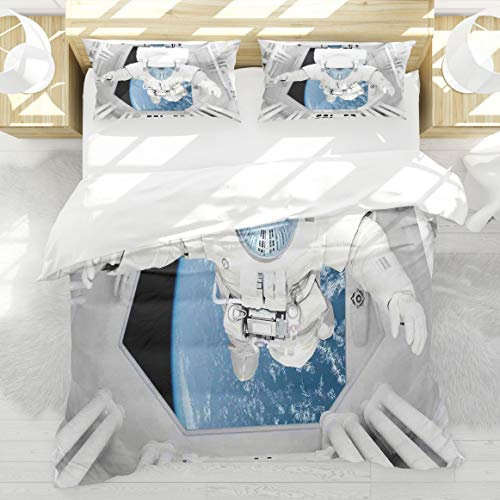 BEDNRY Juego de Ropa de Cama,Astronauta del Espacio Exterior Dentro de la Nave Espacial Viaje cósmico Tema del Universo del Mundo Celestial,1 Funda Nórdica 140x200cm y 2 Funda de Almohada