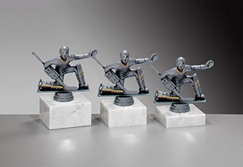 Henecka 🏒 Eishockey Pokal, Eishockey-Trophäe, Eishockey-Resinfigur, Torwart Altsilber & altgold, Marmorsockel, mit Wunschgravur, wählbar in 3 Größen oder als 3er-Serie (Sockel 70 x 40 mm)