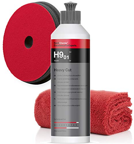 detailmate Koch Chemie Politur Set: Koch Chemie Heavy Cut Politur H9.02+ Koch Chemie Heavy Cut Pad 150x23mm Mikrofasertuch 550GSM, 40x40cm