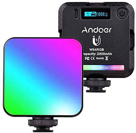 RGB Videoleuchte, Andoer W64 RGB LED Videolicht, 2500K-9000K Dimmbar LED Videoleuchte Wiederaufladbare Kamera Licht Dauerlicht für Makro Aufnahmen, Produktfotografie und YouTube