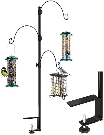 iBorn Deck Bird Feeder Pole Balcony Clamp, Three Adjustable Shepherds Hooks For Outdoor, Garden,Patio,Deck,Fence,Attracting Wild Bird Feeder Planter Hanger (Feeders are not included)