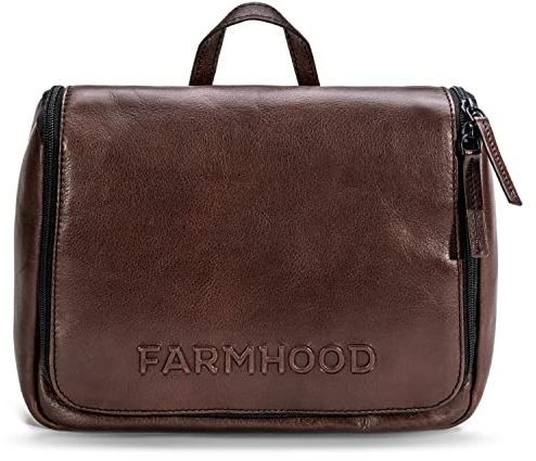 FARMHOOD Memphis Damen/Herren Leder Kulturbeutel | große Kosmetiktasche mit Haken zum Aufhängen | viele Fächer mit Reißverschluss | Beauty-Case 27 cm mit Reißverschluss auf der Rückseite
