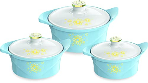 Sterling Ventures Roman Thick Insulated Thermal Food Container Casserole Hot Pot Set 3PC 1.6L/2.4L/3L (Blue)