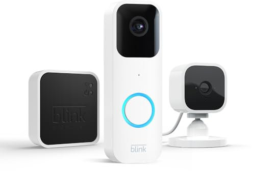 Blink Video Doorbell + Sync Module 2 + Blink Mini (White) | Two-way audio, HD video, long-lasting battery life, motion detection, chime app alerts, Works with Alexa (White)