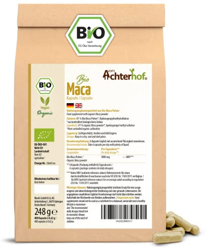 Maca Kapseln Bio 400 Stück | Nachfüllpack | hochdosiert mit je 3000mg Maca-Pulver pro Tagesdosis | vegan | 100% reine Macawurzel aus Peru | vom Achterhof