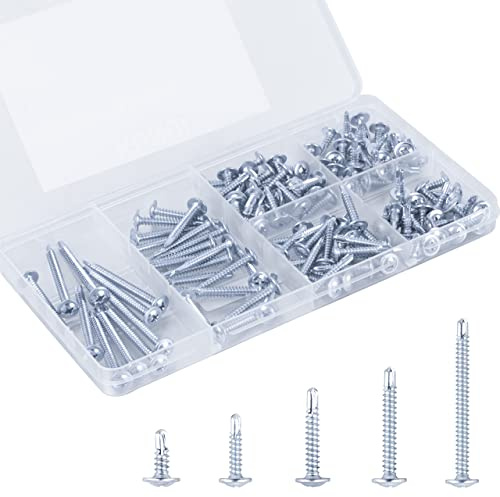 KURUI Self Tapping Screws Assortment Kit, #8 sheet metal screws for Metal Wood & plastic, 125Pcs Galvanized Phillips Truss Head Self Drilling Screws in 5 Sizes (1/2, 3/4, 1-1/4, 1in, 2in)