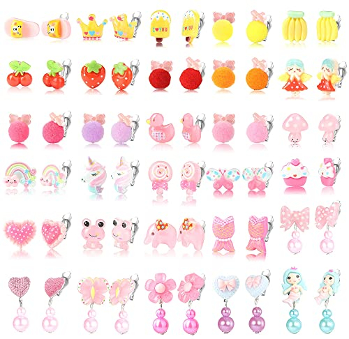 LOLIAS 30 Paar Ohrclips für Mädchen Kinder Niedliches Tier Bunte Blume Schmetterling Ohrclips Nicht Durchdringende Hypoallergene Winzige Ohrringe Packung