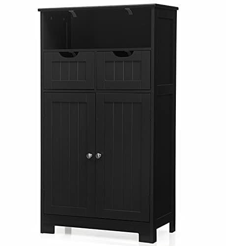 COSTWAY Bathroom Floor Cabinet, Wooden Free Standing Storage Cupboard with Adjustable Shelf, 2 Drawers and Doors, Home Living Room Hallway Organiser Unit (Black)