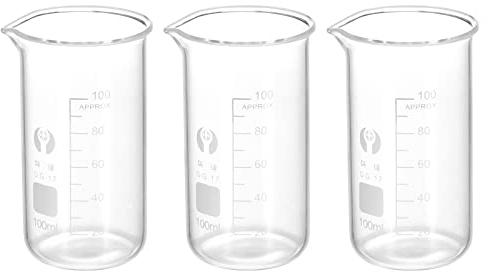 PATIKIL 3uds 100ml Alto Forma Vidrio Precipitados Vaso, 3.3 Borosilicato Vidrio Graduado Impreso Escala Medición Vasos con Caño para Cocina Laboratorio Líquidos