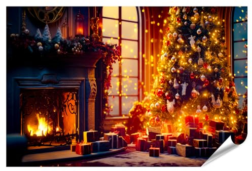 islandburner XXL Bild Poster Weihnachtsbaum Wohnzimmer neben dem Kamin Geschenke unter Premium Bilder Fotodruck