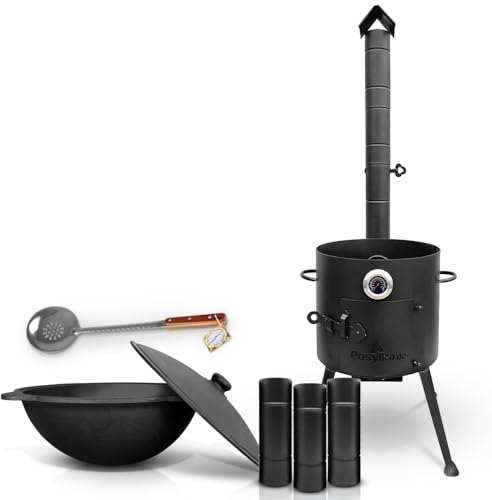 Feuerofen Ø 36 сm Thermometer Schornsteinverlängerung 3 Stk x 25 cm Gusseisen Topf Kazan runder Boden mit Deckel Ø 36,7 cm (10 L) Schaumlöffel 48 cm KazanoFF, Kazan, Gulaschkanone Dutch Oven (Set 2)