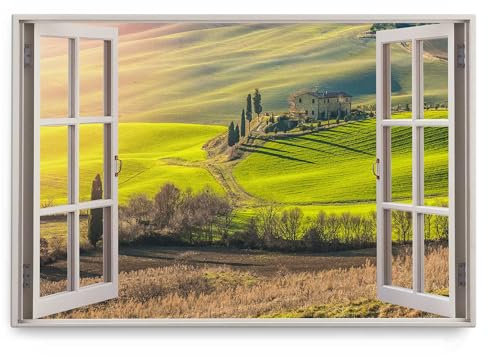 Paul Sinus Wandbild 120x80cm Fensterbild Landschaft Grün Toskana Italien Hügel Landhaus