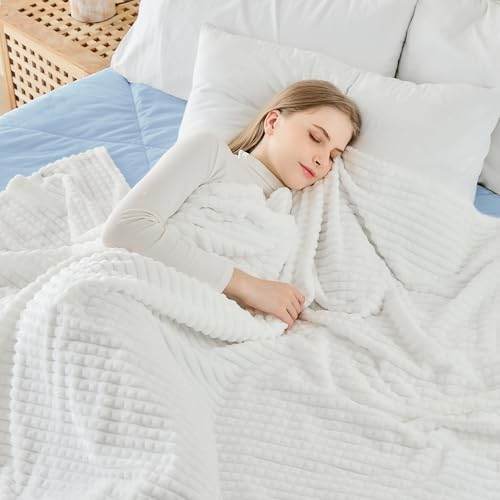 EMME Kuscheldecke Flauschige - 3D-Touch-Erlebnis 200x230cm Fleecedecke, Tagesdecke, Weiche Warme Wolldecke Überwurfdecke, Couchdecke, Decke für Sofa, Wohndecke, Weiß